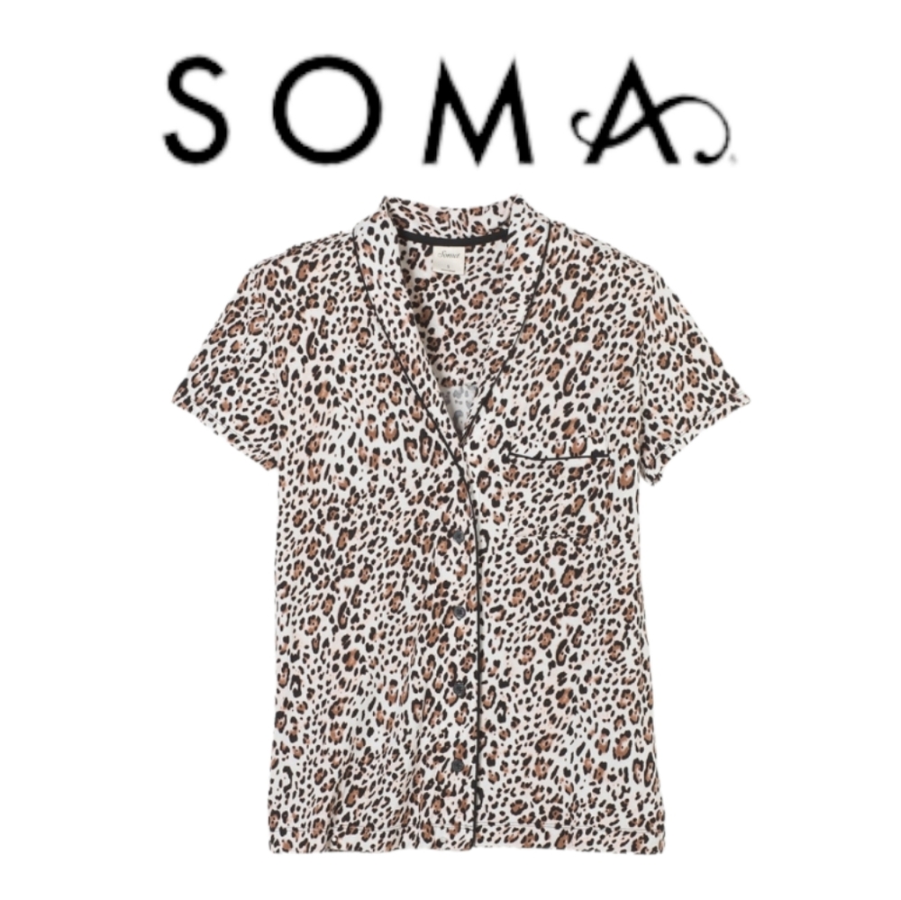 COOL NIGHTS Short Sleeve Notch Collar Pajama Top Jaguar Mini Nutmeg XS NWT